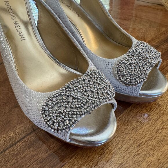 Antonio Melani Silver Peep Toe Kitten Heels Rhinestone Detail Silver Snakeskin - Picture 2 of 8